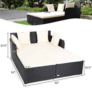 Tangkula Outdoor Rattan Daybed, Sunbed Wicker Furniture w/Spacious Seat, Upholstered Cushion & High-Resilience Sponge, Wicker Patio Sofa Set w/Extra Pillows for Courtyard Poolside(White)