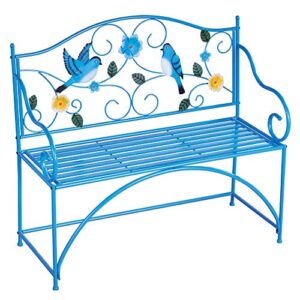 collections etc blue bird metal scrolling garden bench – perfect decorative accent for yard, porch, and garden