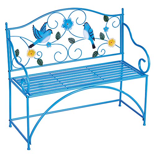 Collections Etc Blue Bird Metal Scrolling Garden Bench - Perfect Decorative Accent for Yard, Porch, and Garden