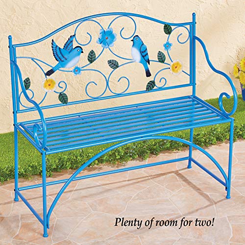 Collections Etc Blue Bird Metal Scrolling Garden Bench - Perfect Decorative Accent for Yard, Porch, and Garden