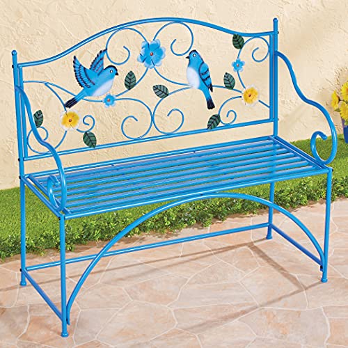 Collections Etc Blue Bird Metal Scrolling Garden Bench - Perfect Decorative Accent for Yard, Porch, and Garden