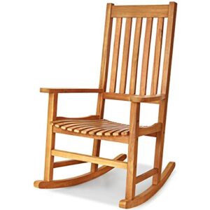 tangkula acacia wood porch rocking chair, wooden rocking chair rocker with high back & armrest for indoor outdoor use, patio rocker for garden lawn balcony backyard poolside (1, teak)