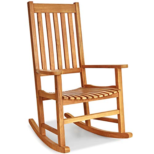 Tangkula Acacia Wood Porch Rocking Chair, Wooden Rocking Chair Rocker with High Back & Armrest for Indoor Outdoor Use, Patio Rocker for Garden Lawn Balcony Backyard Poolside (1, Teak)