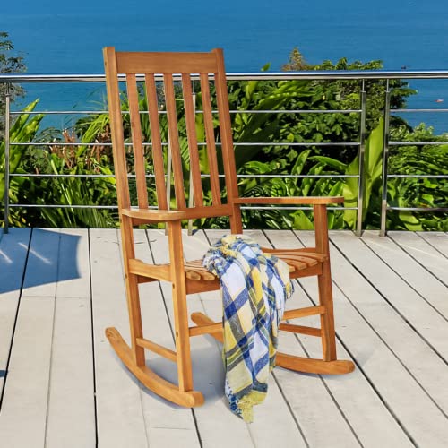 Tangkula Acacia Wood Porch Rocking Chair, Wooden Rocking Chair Rocker with High Back & Armrest for Indoor Outdoor Use, Patio Rocker for Garden Lawn Balcony Backyard Poolside (1, Teak)