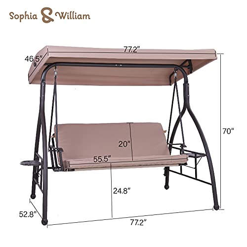 Sophia & William Outdoor 3-Seat Swing Chair with Adjustable Canopy, Patio Swing Glider Lounge Chair with Foldable Side Table Cup Holder and Removable Cushion for Porch, Garden, Backyard