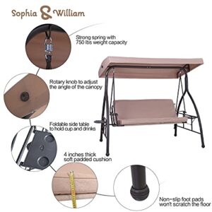 Sophia & William Outdoor 3-Seat Swing Chair with Adjustable Canopy, Patio Swing Glider Lounge Chair with Foldable Side Table Cup Holder and Removable Cushion for Porch, Garden, Backyard