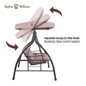 Sophia & William Outdoor 3-Seat Swing Chair with Adjustable Canopy, Patio Swing Glider Lounge Chair with Foldable Side Table Cup Holder and Removable Cushion for Porch, Garden, Backyard