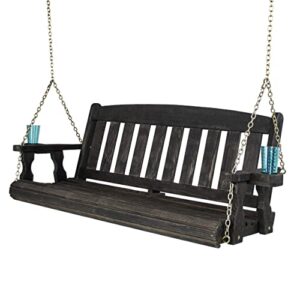 amish casual heavy duty 800 lb mission treated porch swing with hanging chains and cupholders (5 foot, semi-solid black stain)