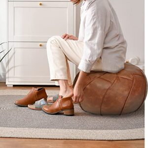 Thgonwid Unstuffed Pouf Cover - Round Foot Stool Ottoman - Storage Bean Bag Floor Chair - Luxury Leather Pouffe - Small Foot Rest for Living Room, Kids Room or Bedroom (Brown)