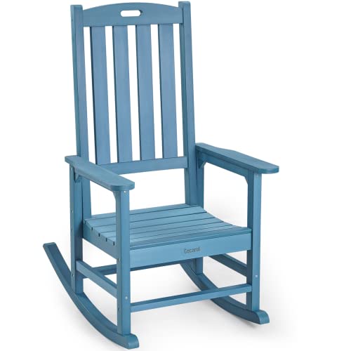 Cecarol Patio Oversized Rocking Chair Outdoor, Weather Resistant, Low Maintenance, High Back Front Porch Rocker Chairs 385lbs Support Poly Lumber Rocker, Wood-Like Plastic Chair, Blue-PRC01