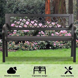 dkeli patio bench outdoor bench park bench metal sturdy cast iron garden bench porch chair seat furniture with armrests 480bls bearing capacity for park yard deck entryway, black