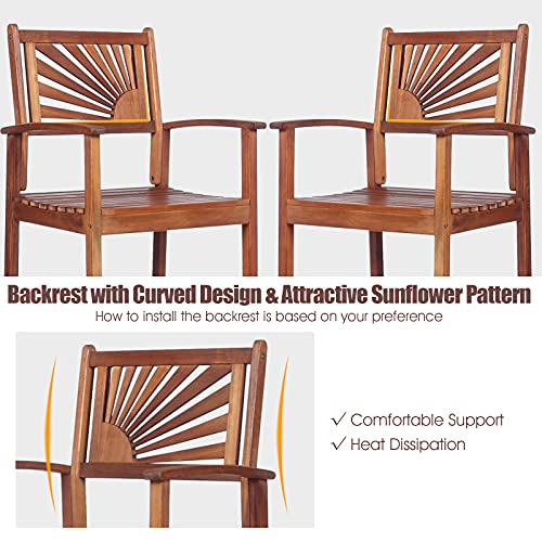 COSTWAY Bar Stools Set of 2, Outdoor Acacia Wood Bar Chairs with Sunflower Backrest, Curved Armrests & Breathable Seat, Ideal for Balcony, Sunroom, Patio, Easy Assembly (1)