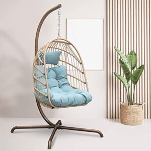 radiata foldable wicker rattan hanging egg chair with stand, swing chair with cushion and pillow, lounging chair for indoor outdoor bedroom patio garden (blue with stand)