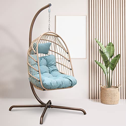 RADIATA Foldable Wicker Rattan Hanging Egg Chair with Stand, Swing Chair with Cushion and Pillow, Lounging Chair for Indoor Outdoor Bedroom Patio Garden (Blue with Stand)