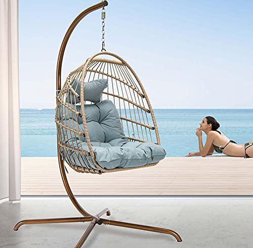 RADIATA Foldable Wicker Rattan Hanging Egg Chair with Stand, Swing Chair with Cushion and Pillow, Lounging Chair for Indoor Outdoor Bedroom Patio Garden (Blue with Stand)