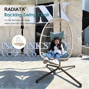 RADIATA Foldable Wicker Rattan Hanging Egg Chair with Stand, Swing Chair with Cushion and Pillow, Lounging Chair for Indoor Outdoor Bedroom Patio Garden (Blue with Stand)