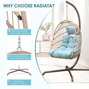 RADIATA Foldable Wicker Rattan Hanging Egg Chair with Stand, Swing Chair with Cushion and Pillow, Lounging Chair for Indoor Outdoor Bedroom Patio Garden (Blue with Stand)