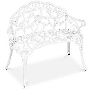 best choice products outdoor bench steel garden patio porch loveseat furniture for lawn, park, deck seating w/floral rose accent, antique finish – white
