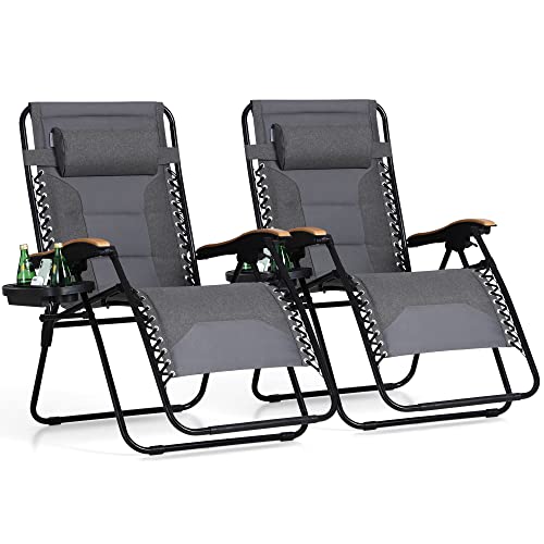 PHI VILLA Oversize XL Padded Zero Gravity Lounge Chair Family Lovers Pack with Wide Armrest Foldable Recliner, Set of 2, Support 400 LBS (Light Grey)