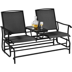 giantex patio bench glider chair with metal frame, center tempered glass table, outside double rocking swing loveseat for porch, garden, poolside, balcony, lawn rocker outdoor glider bench(black)