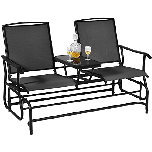 Giantex Patio Bench Glider Chair with Metal Frame, Center Tempered Glass Table, Outside Double Rocking Swing Loveseat for Porch, Garden, Poolside, Balcony, Lawn Rocker Outdoor Glider Bench(Black)