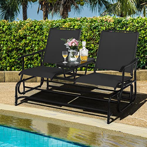 Giantex Patio Bench Glider Chair with Metal Frame, Center Tempered Glass Table, Outside Double Rocking Swing Loveseat for Porch, Garden, Poolside, Balcony, Lawn Rocker Outdoor Glider Bench(Black)