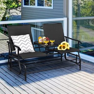 Giantex Patio Bench Glider Chair with Metal Frame, Center Tempered Glass Table, Outside Double Rocking Swing Loveseat for Porch, Garden, Poolside, Balcony, Lawn Rocker Outdoor Glider Bench(Black)