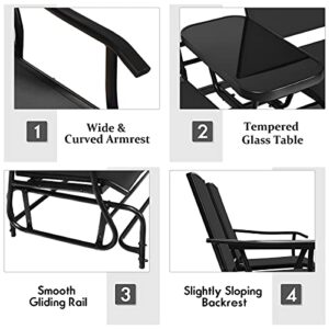 Giantex Patio Bench Glider Chair with Metal Frame, Center Tempered Glass Table, Outside Double Rocking Swing Loveseat for Porch, Garden, Poolside, Balcony, Lawn Rocker Outdoor Glider Bench(Black)