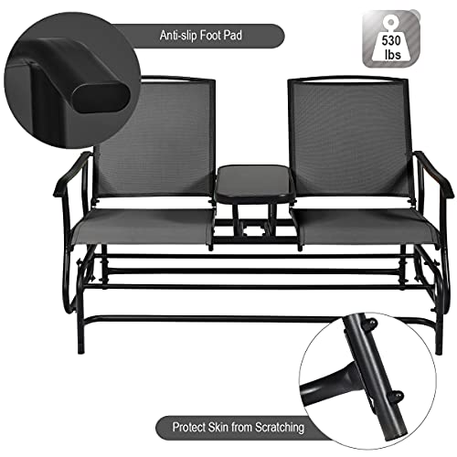 Giantex Patio Bench Glider Chair with Metal Frame, Center Tempered Glass Table, Outside Double Rocking Swing Loveseat for Porch, Garden, Poolside, Balcony, Lawn Rocker Outdoor Glider Bench(Black)