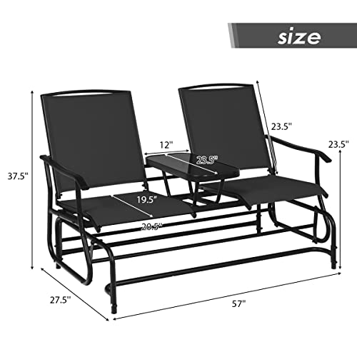 Giantex Patio Bench Glider Chair with Metal Frame, Center Tempered Glass Table, Outside Double Rocking Swing Loveseat for Porch, Garden, Poolside, Balcony, Lawn Rocker Outdoor Glider Bench(Black)