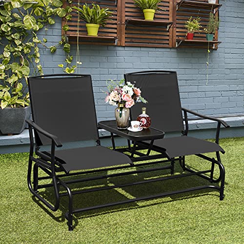 Giantex Patio Bench Glider Chair with Metal Frame, Center Tempered Glass Table, Outside Double Rocking Swing Loveseat for Porch, Garden, Poolside, Balcony, Lawn Rocker Outdoor Glider Bench(Black)