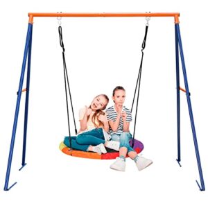 super deal saucer swing set, 40″ kids multi-color rainbow saucer tree swing + 72″ all weather frame swing set combo for indoor, outdoor, backyard