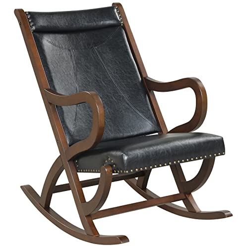 Giantex Rocking Chair with Cushion, Modern PU Leather Rocker, Rubber Wood Frame, Ergonomic Backrest Armrest, Single Rocking Chair for Nursery Living Room Bedroom Lounge Office (1, Black & Brown)