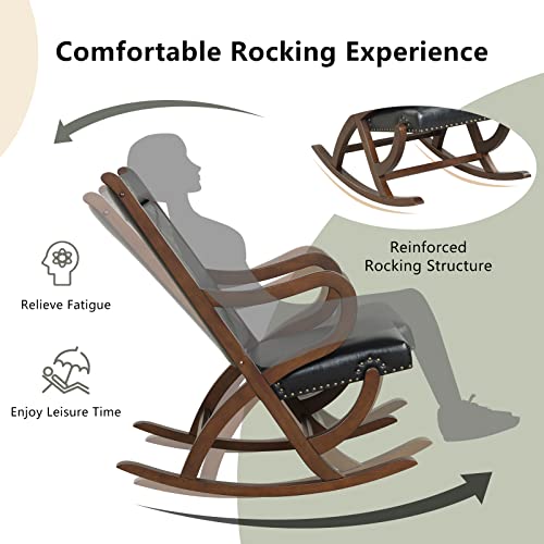 Giantex Rocking Chair with Cushion, Modern PU Leather Rocker, Rubber Wood Frame, Ergonomic Backrest Armrest, Single Rocking Chair for Nursery Living Room Bedroom Lounge Office (1, Black & Brown)