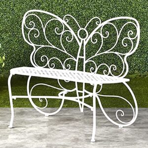 the lakeside collection decorative white metal butterfly motif bench – home garden accent