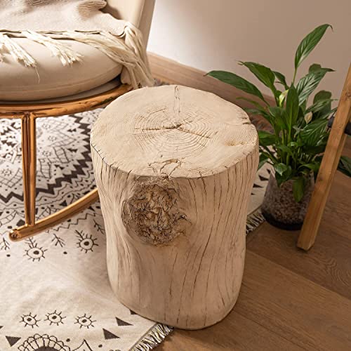 COSIEST Outdoor Antique Beige Side Table Faux Wood, Hand-Painted Wood Stump Stool, Ottomans, Plant Stand, Deck or Garden