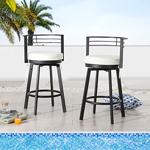 LOKATSE HOME 2 Piece Outdoor Swivel Bar Stools Patio Height Metal Chairs with Cushion, Beige