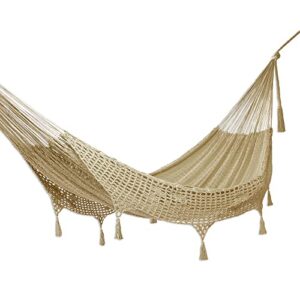 NOVICA Handmade Double Cotton Hammock Hand-Woven in Grey with Thick Tassels, Ideal for Camping and Outdoor Relaxation - 150" L with Hanging Accessories Included, Mirage in Grey'