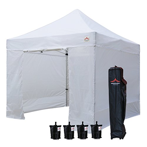 UNIQUECANOPY 10'x10' Ez Pop Up Canopy Tent Commercial Instant Shelter, with 4 Removable Zippered Side Walls and Heavy Duty Roller Bag, 4 Sand Bags White