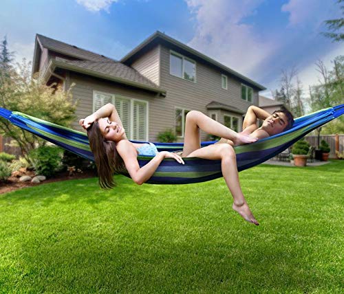 Double Brazilian Hammock 2 Person Canvas Cotton Fabric Hammock with Trees Strap for Patio Garden Balcony Porch Backyard Outdoor and Indoor