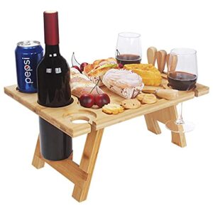 livoccur portable wine picnic table, folding bamboo snack table with wine bottle and glass holder for camping, beach, park, ideal wine lover gift