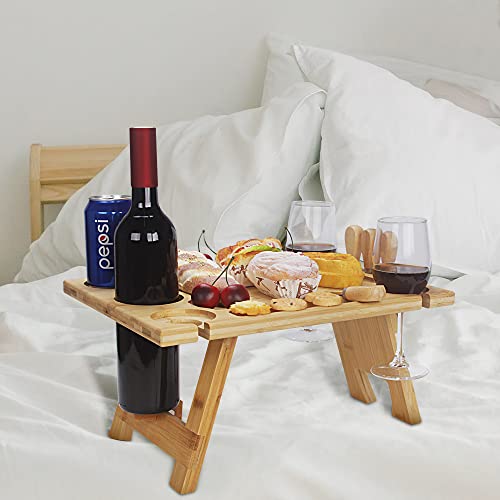 Livoccur Portable Wine Picnic Table, Folding Bamboo Snack Table with Wine Bottle and Glass Holder for Camping, Beach, Park, Ideal Wine Lover Gift