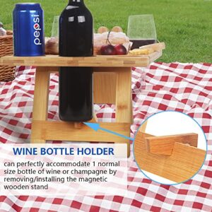 Livoccur Portable Wine Picnic Table, Folding Bamboo Snack Table with Wine Bottle and Glass Holder for Camping, Beach, Park, Ideal Wine Lover Gift