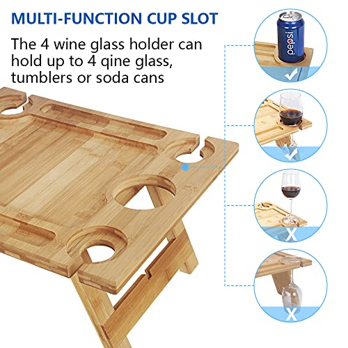 Livoccur Portable Wine Picnic Table, Folding Bamboo Snack Table with Wine Bottle and Glass Holder for Camping, Beach, Park, Ideal Wine Lover Gift