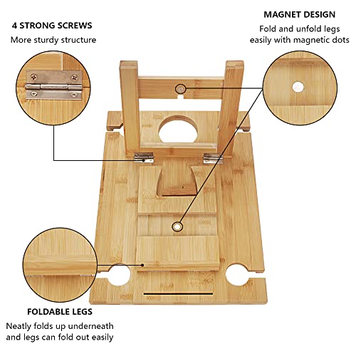 Livoccur Portable Wine Picnic Table, Folding Bamboo Snack Table with Wine Bottle and Glass Holder for Camping, Beach, Park, Ideal Wine Lover Gift