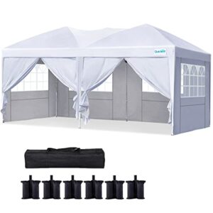 Quictent 10x20 Ft Ez Pop Up Canopy Wedding Party Tent with Sidewalls,Folding Instant Canopy Tents for Outdoor Parties,6 Sand Bags Included（White）