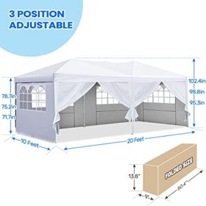 Quictent 10x20 Ft Ez Pop Up Canopy Wedding Party Tent with Sidewalls,Folding Instant Canopy Tents for Outdoor Parties,6 Sand Bags Included（White）