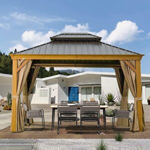 10′ x 12′ hardtop gazebo outdoor aluminum wood grain gazebos with galvanized steel double canopy for patios deck backyard,curtains&netting by domi outdoor living
