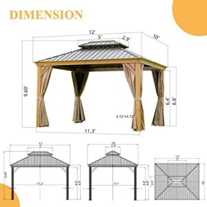 10' x 12' Hardtop Gazebo Outdoor Aluminum Wood Grain Gazebos with Galvanized Steel Double Canopy for Patios Deck Backyard,Curtains&Netting by domi outdoor living