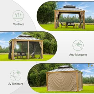 10' x 12' Hardtop Gazebo Outdoor Aluminum Wood Grain Gazebos with Galvanized Steel Double Canopy for Patios Deck Backyard,Curtains&Netting by domi outdoor living